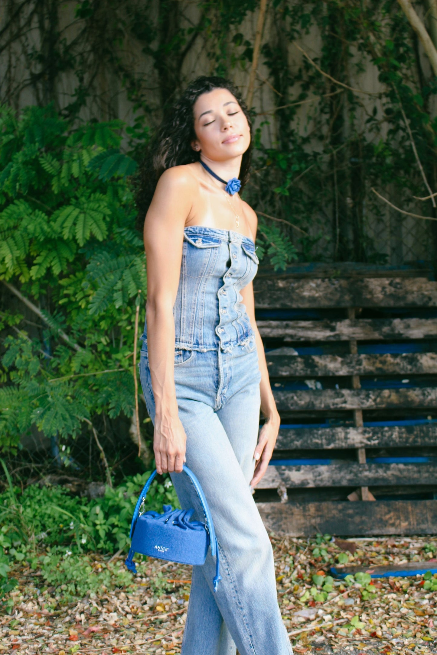ANiCE’ By Angel Angelou Drawstring Indigo Denim Bucket Bag image 0