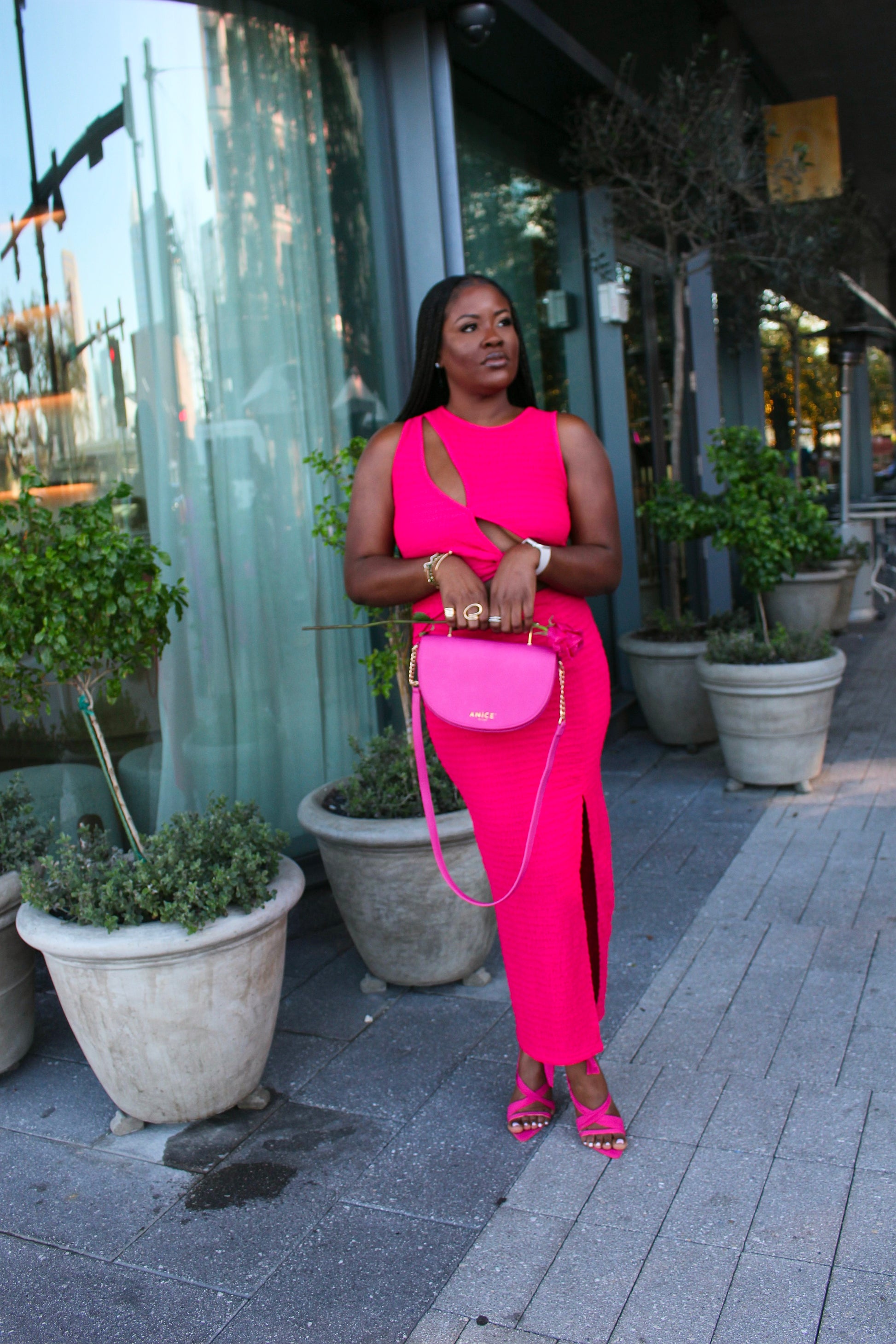 ANiCE’ By Angel SHAKUR Half Moon Metal Leather Top-Handle in Fuschia image 2