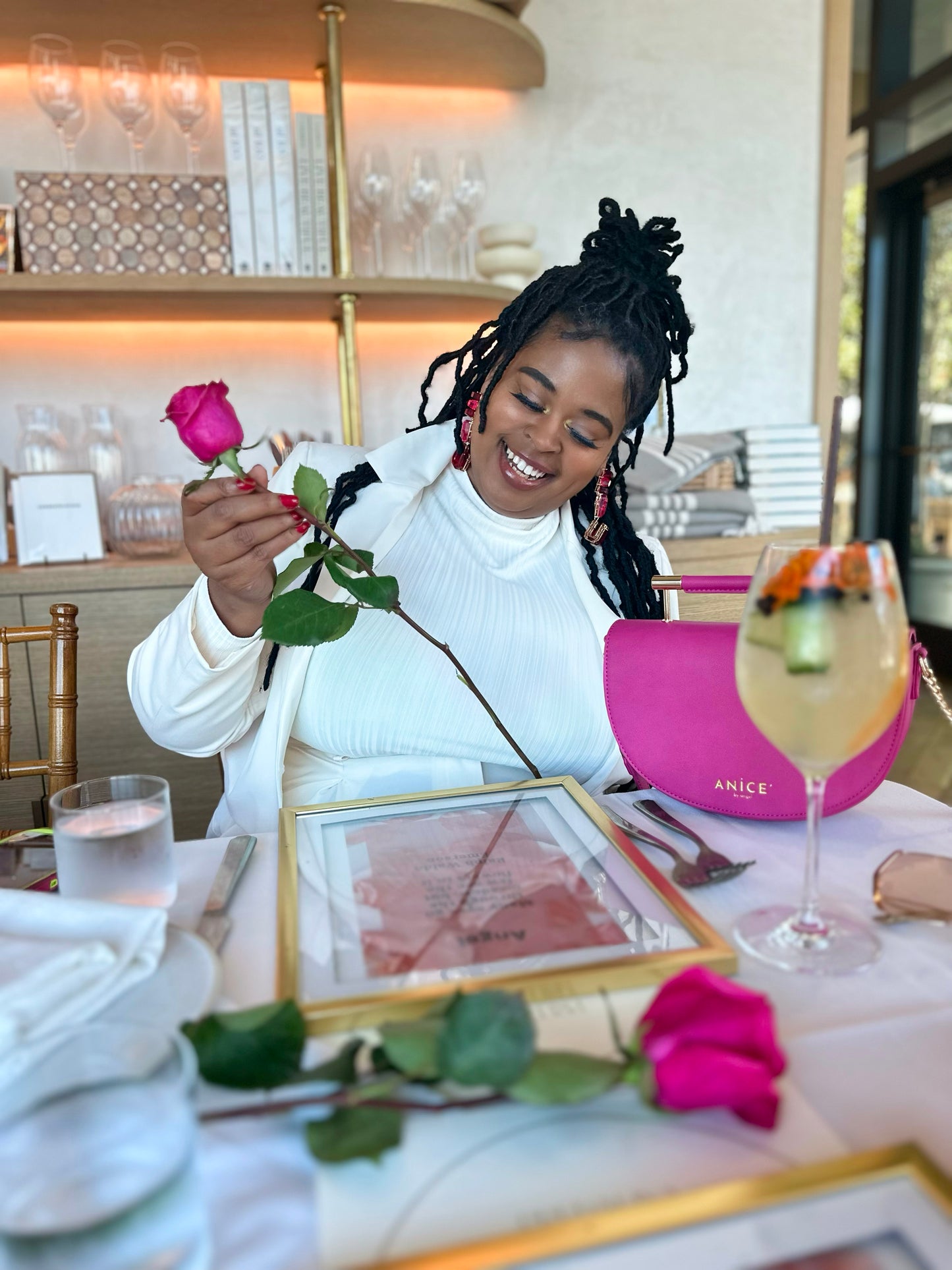 ANiCE’ By Angel SHAKUR Half Moon Metal Leather Top-Handle in Fuschia image 5