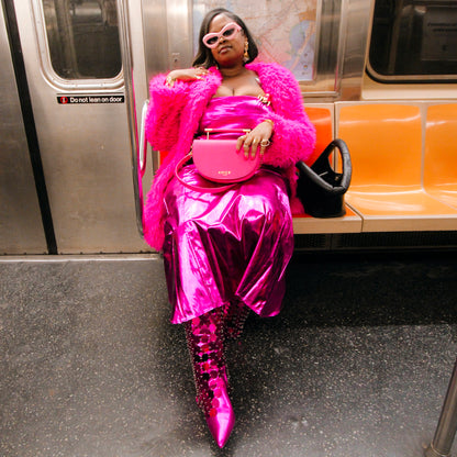 ANiCE’ By Angel SHAKUR Half Moon Metal Leather Top-Handle in Fuschia image 3