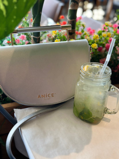 ANiCE’ By Angel SHAKUR Half Moon Metal Leather Top-Handle in Silver image 6