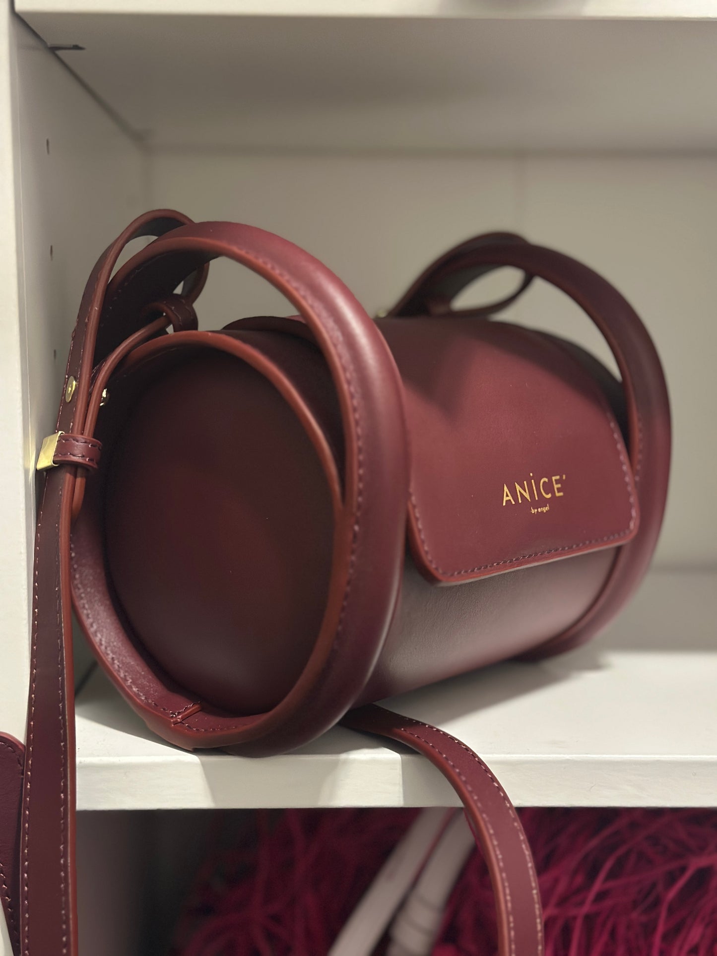 ANiCE’ By Angel Du Bois Leather Barrel Crossbody Bag in Wine