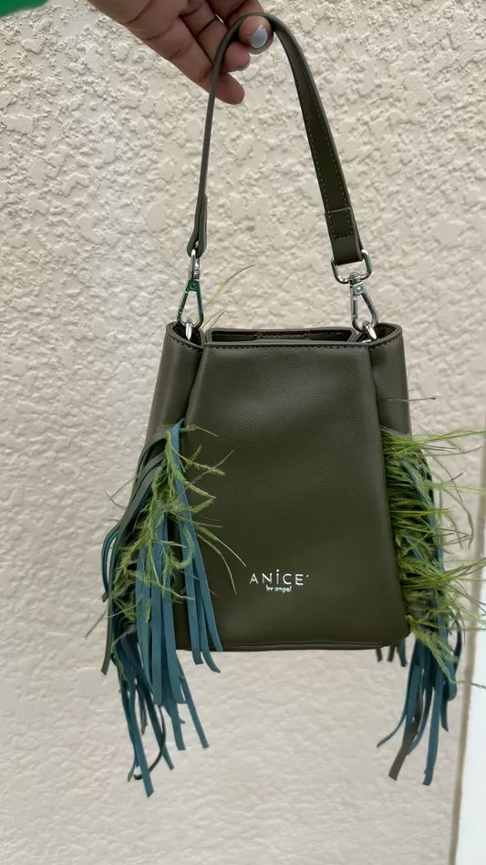 ANiCE’ By Angel Giovanni Feather Bucket Bag in Olive Green